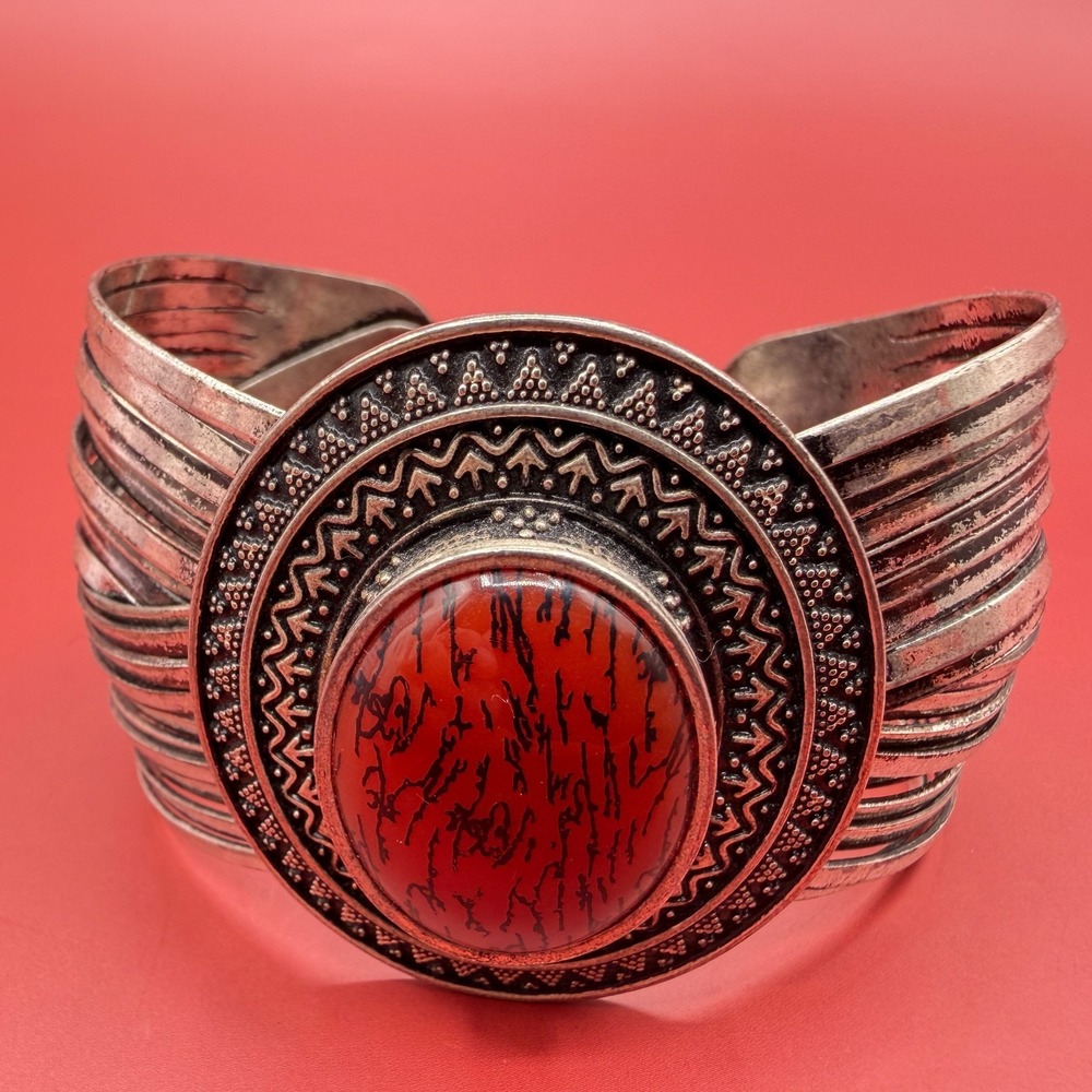 Silver Tone Red Oval Cabochon Wide Cuff Bracelet Boho Tribal Statement Vintage